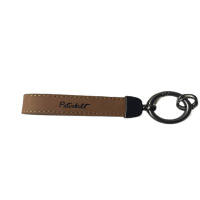 PETERBILT Premium Leather Spring Clip Keychain, Tan Brown with Logo, Pewter Color Metal Ring Attachment