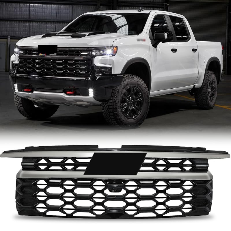 PENSUN Front Bumper Grille for 2022 2023 Chevrolet Silverado 1500 ZR2, OEM Style Black ABS Replacement Grill Assembly, Durable Front End Upgrade, Easy Installation