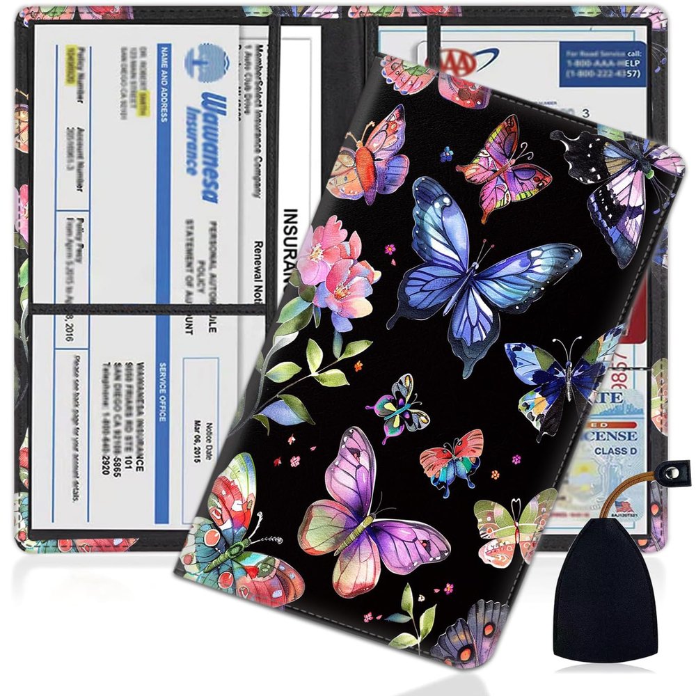 Car Registration and Insurance Card Holder with Magnetic Shut, PU Leather Driver License Vehicle Document, Car Wallet Case for Men & Women, Watercolor Butterflies Auto Glove Box Paperwork Organizer
