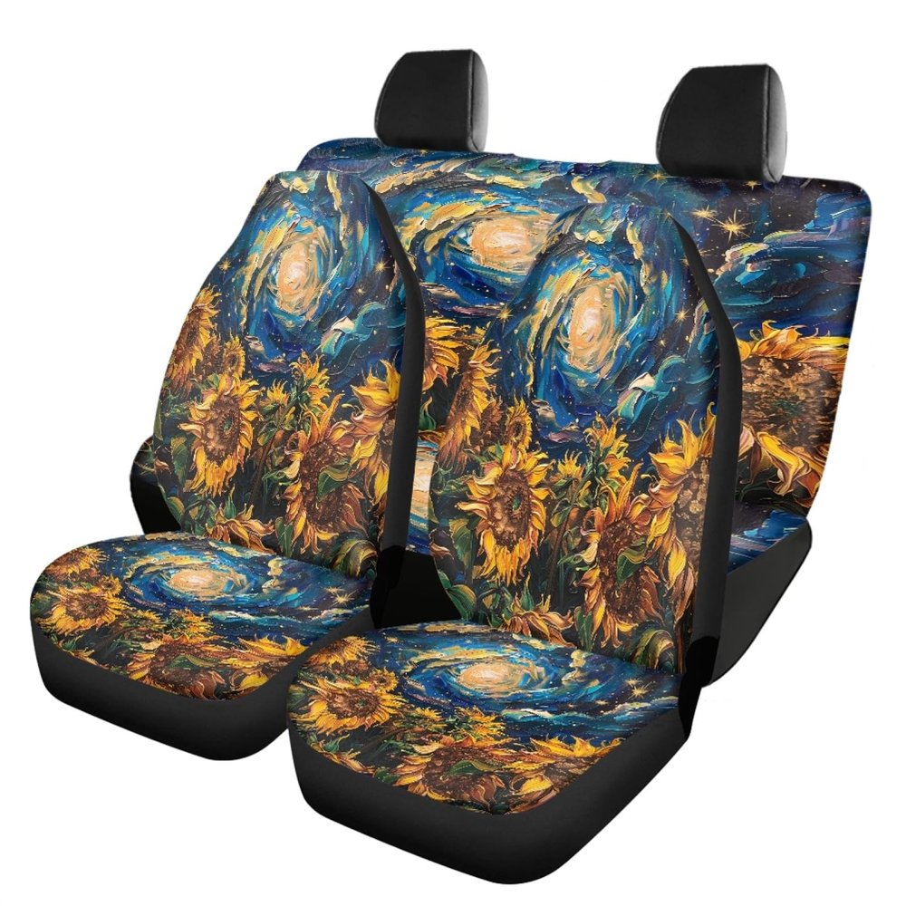 Foruidea Car Seat Cover Full Set Starry Sky Sunflowers Oil Painting Car Seat Covers for Car Auto Seats Protector Front and Rear Bench Seats Fit Most Cars,SUV,Sedan,Trucks