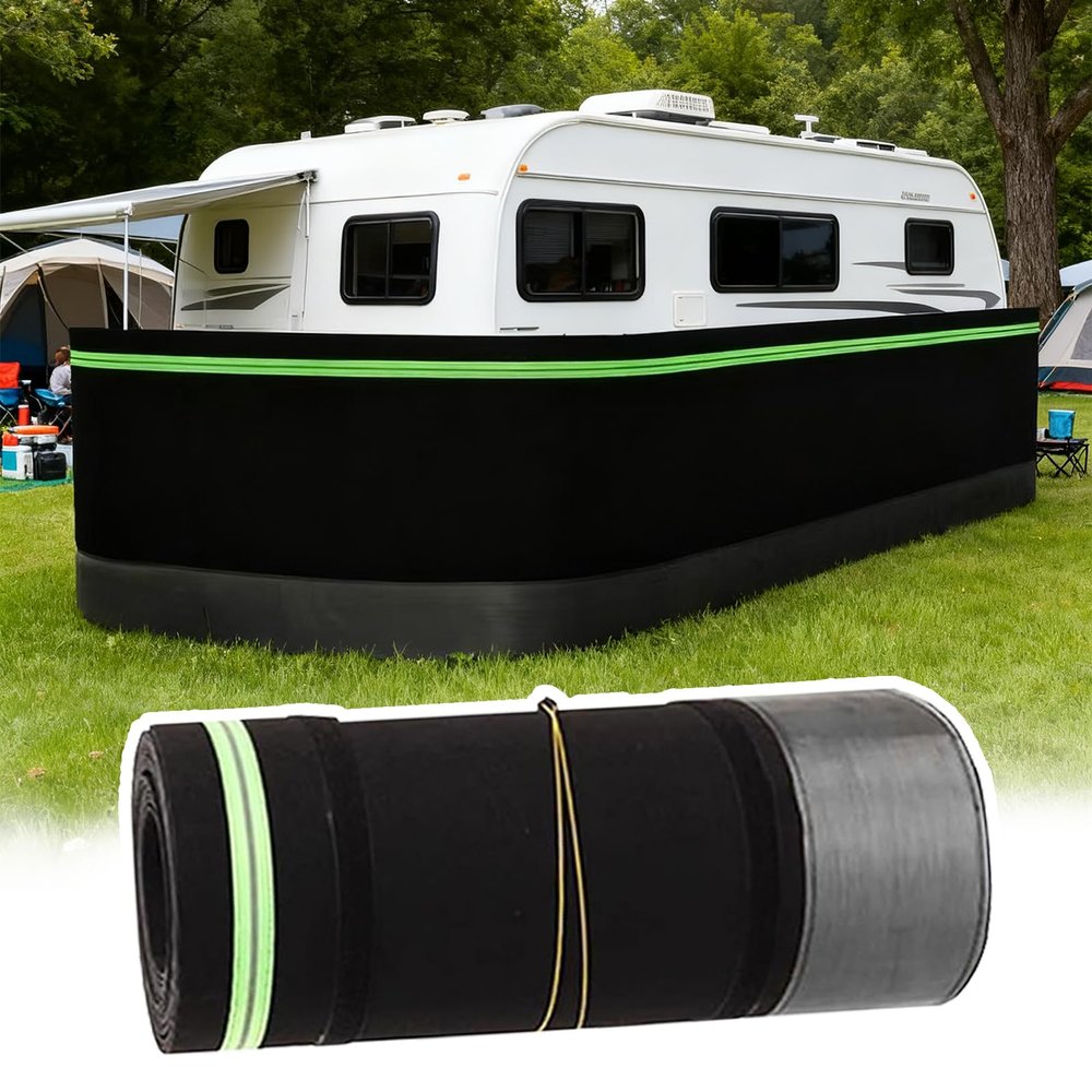 Winter Year-Round Outdoor Protection, Quick Installation and Roll Up Storage with Reflective Strips Double Hook & Loop Tape, RV Skirting for Travel Trailers & 5th Wheels 3.1ft High 92ft Length