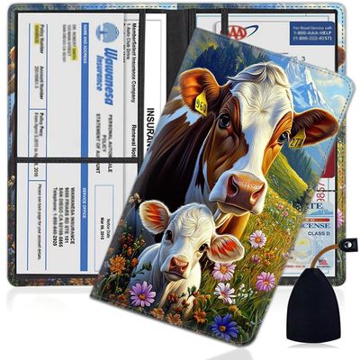Car Document Holder with Magnetic Shut, Car Registration and Insurance Card Holder, Vehicle Glove Box Organizer Documents, Driver License, Auto Paperwork Organizer Wallet, Idyllic Cow Pattern