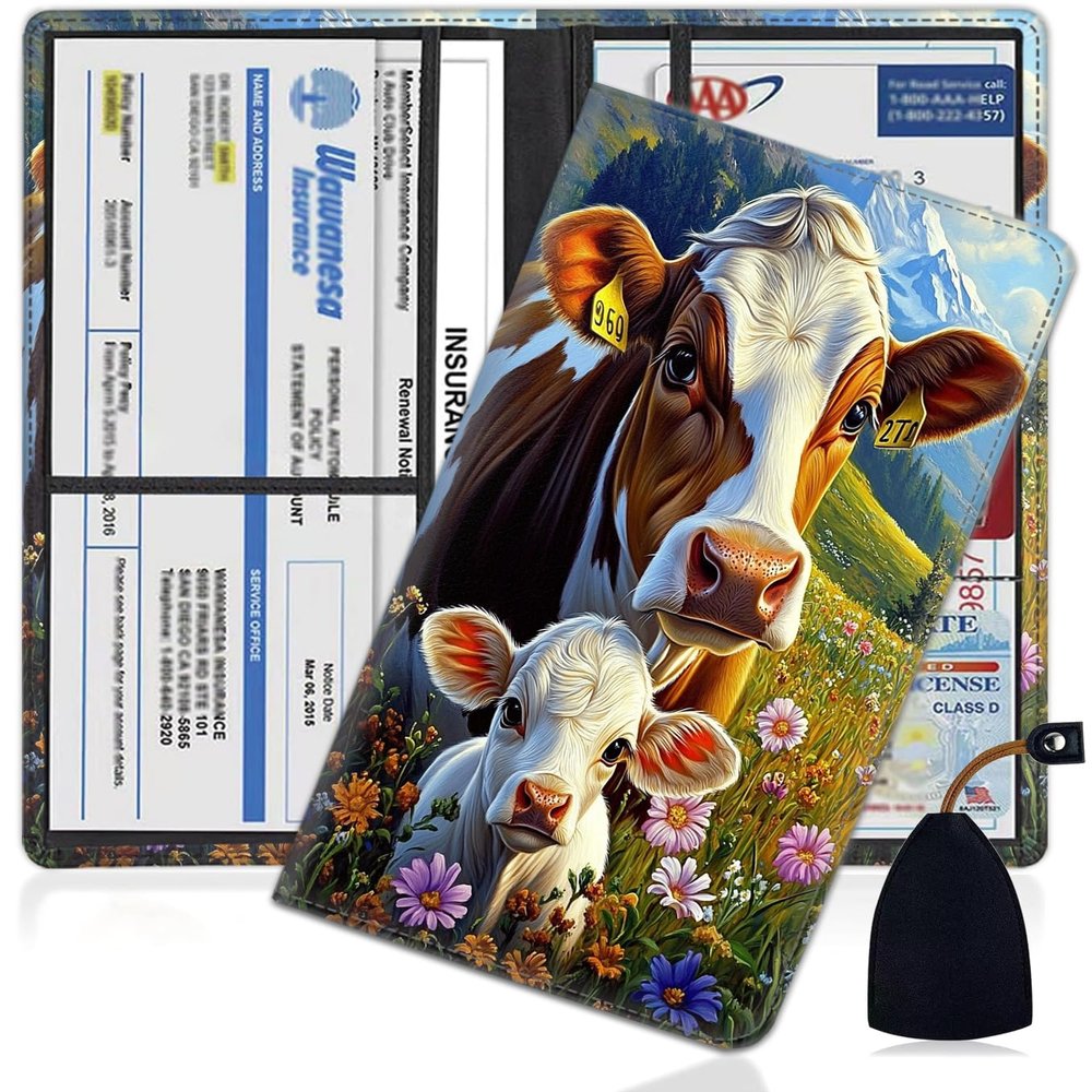Car Document Holder with Magnetic Shut, Car Registration and Insurance Card Holder, Vehicle Glove Box Organizer Documents, Driver License, Auto Paperwork Organizer Wallet, Idyllic Cow Pattern