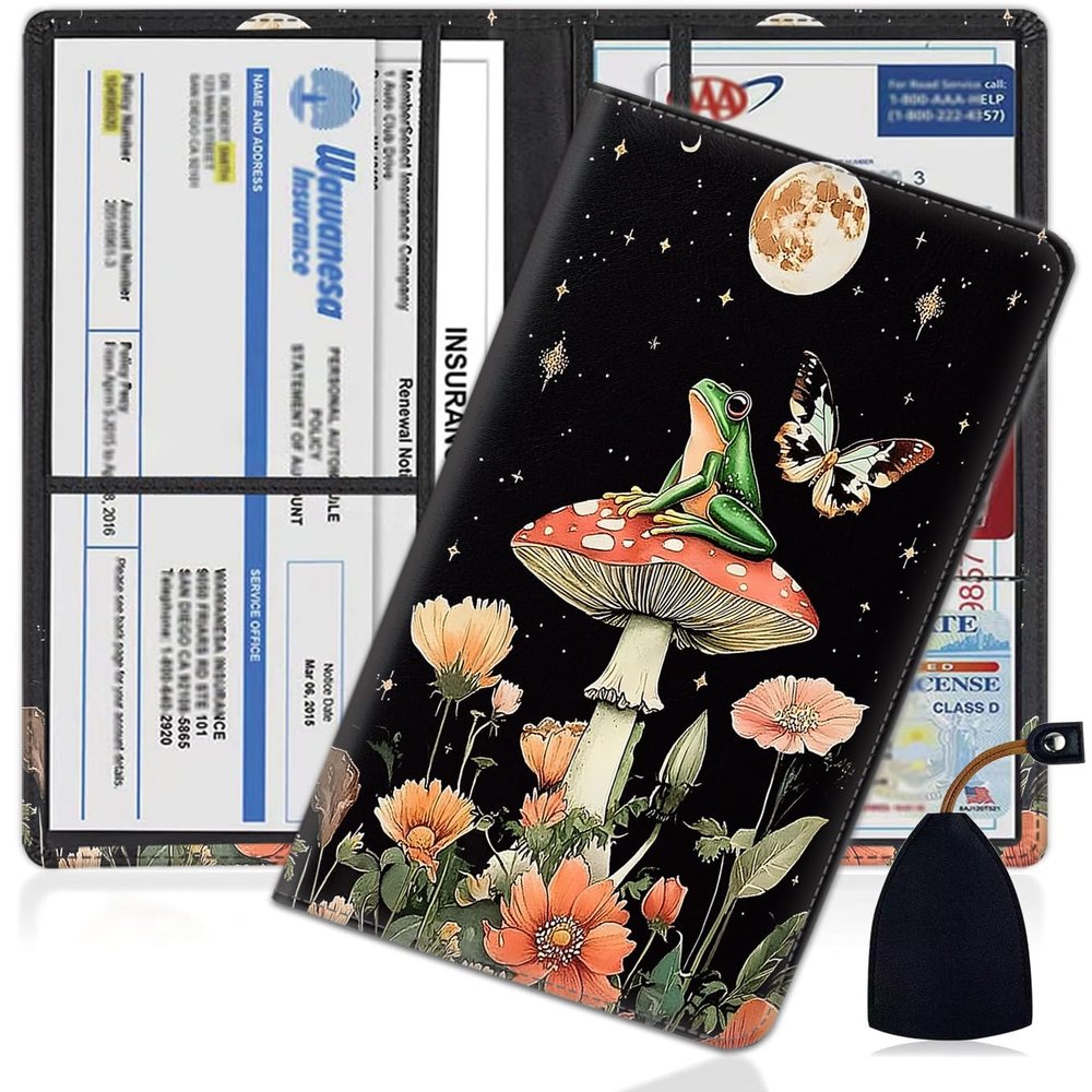 Car Document Holder with Magnetic Shut, Car Registration and Insurance Card Holder, Vehicle Glove Box Organizer Documents, Driver License, Auto Paperwork Organizer Wallet, Garden And Frog Pattern