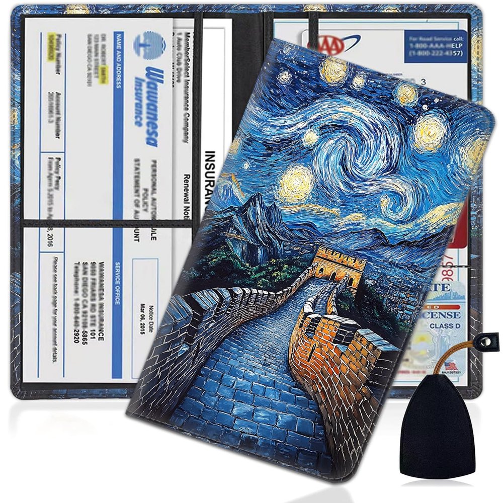 Car Document Holder with Magnetic Shut, Car Registration and Insurance Card Holder, Vehicle Glove Box Organizer Documents, Driver License, Auto Paperwork Organizer Wallet, Starry Great Wall Pattern