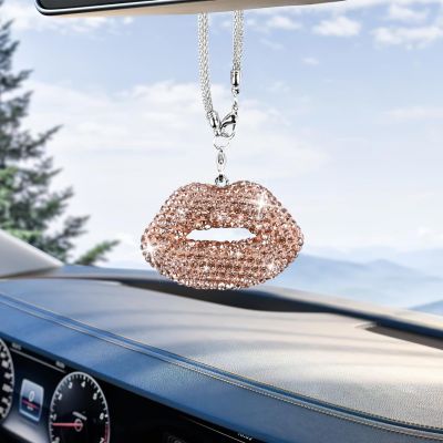 Hbxdeco Bling Lip Car Hanging Accessories for Women, Diamond Lips Rear View Mirror Hanging Ornament for Cars, Crystal Rhinestone Lucky Car Charms, Vehicle Interior Pendant Decoration (Champagne)