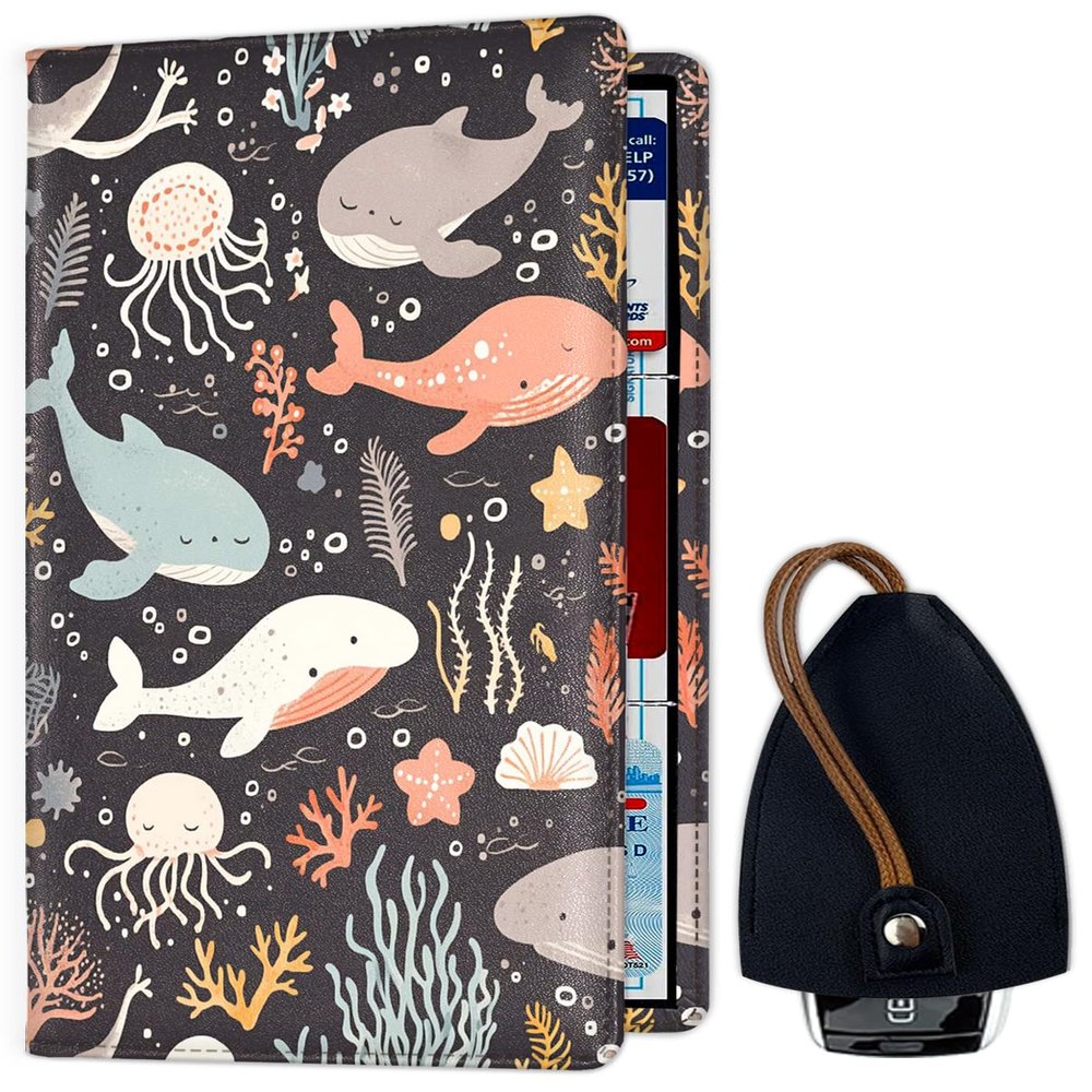 Car Registration and Insurance Holder, Waterproof PU Leather Auto Truck Document Holder for Men Women, Vehicle Glove Box Organizer with Magnetic Shut for Cards, Driver License, Whale Cartoon Pattern