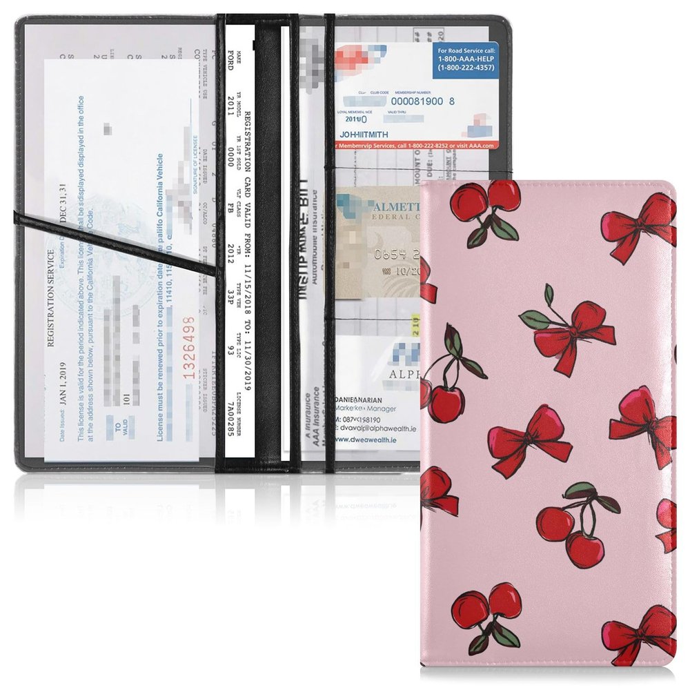 Bolaz Red Bow Cherry Car Registration and Insurance Holder Leather Vehicle Document Glove Box Organizer for License Cards Accessories Women