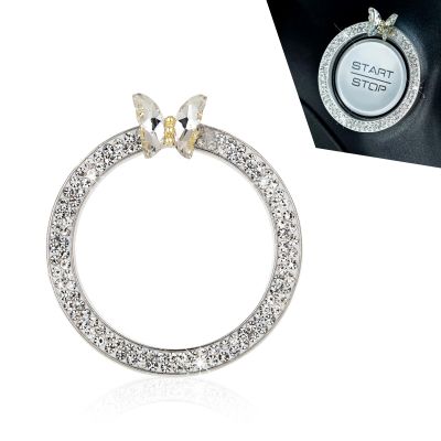 Qurbuns Bling Push Start Button Decoration Ring, Sparkling Butterfly Car Engine Start Button Cover Ring with Rhinestone, Key Ignition Knob Bling Rings for Women, Universal for Most Cars (White)