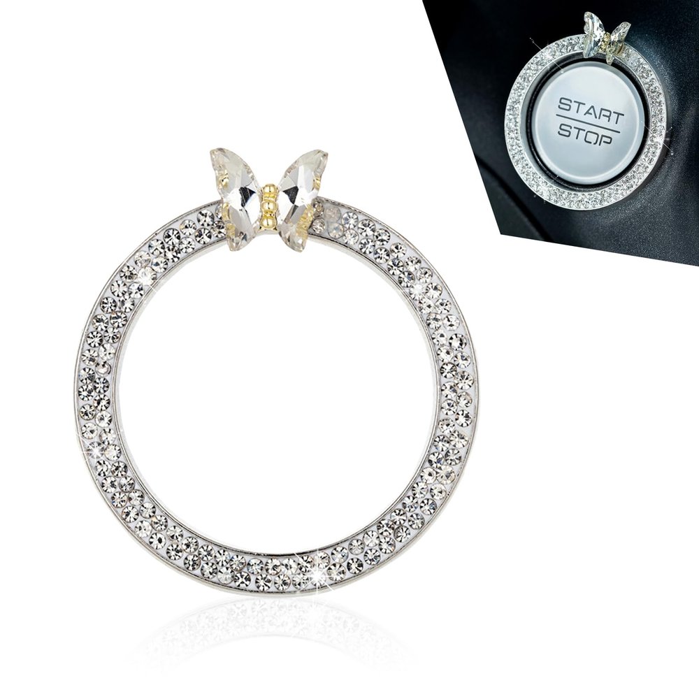 Qurbuns Bling Push Start Button Decoration Ring, Sparkling Butterfly Car Engine Start Button Cover Ring with Rhinestone, Key Ignition Knob Bling Rings for Women, Universal for Most Cars (White)