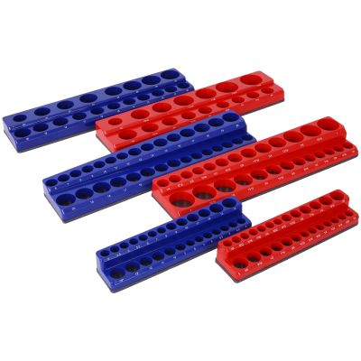 Magnetic Socket Organizer Set 6-Piece 141 Capacity with Non-Scratch Rubber Base Red Blue Color Coded Socket Trays for 1/4" 3/8" 1/2" Drive Metric SAE Strong Hold Tool Box Organizer
