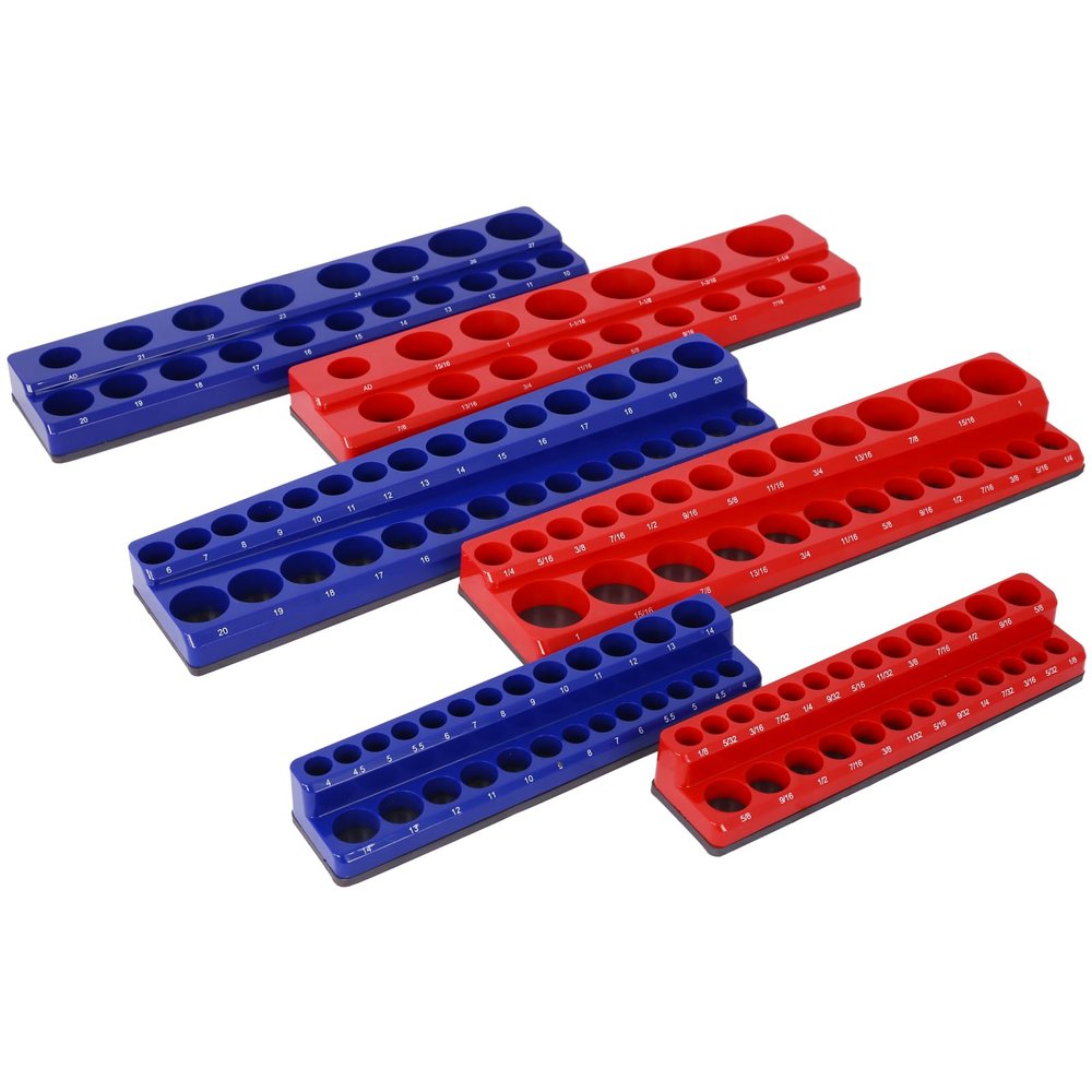 Magnetic Socket Organizer Set 6-Piece 141 Capacity with Non-Scratch Rubber Base Red Blue Color Coded Socket Trays for 1/4" 3/8" 1/2" Drive Metric SAE Strong Hold Tool Box Organizer