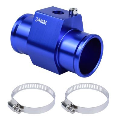 Hovom 34mm Water Temperature Joint Pipe Connector, Aluminum Water Temp Sensor Gauge Radiator Coolant Hose Adapter with 2 Clamps, Radiator Hose Attachment Adapter, Car Accessories(Blue, 34mm)