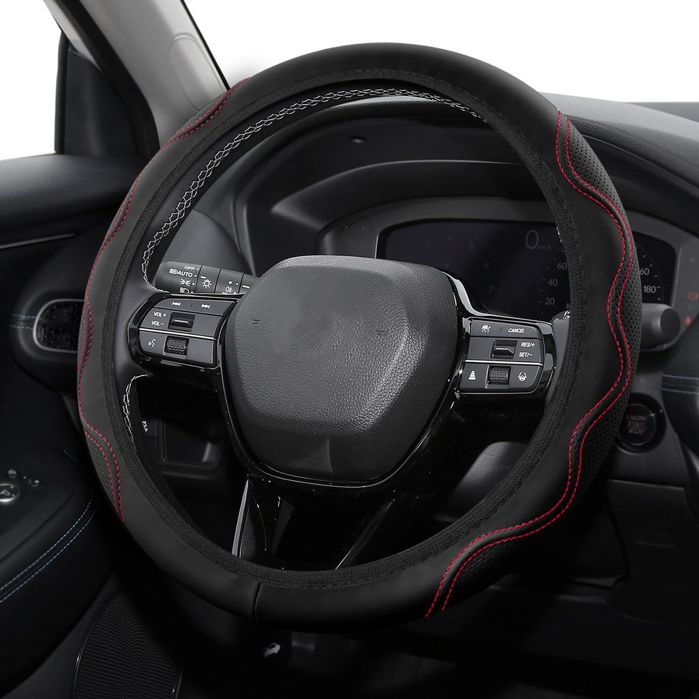 Leather Car Steering Wheel Cover, Universal 15 inch Microfiber Leather Steering Wheel Cover, Anti-Slip Breathable Steering Wheel Decoration, Steering Wheel Accessories for Women Men