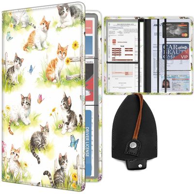 Car Document Holder, Car Registration and Insurance Card Holder with Magnetic Shut, PU Leather Paperwork Case Wallet for Driver License, Auto Vehicle Glove Box Organizer, Watercolor Cats and Flowers