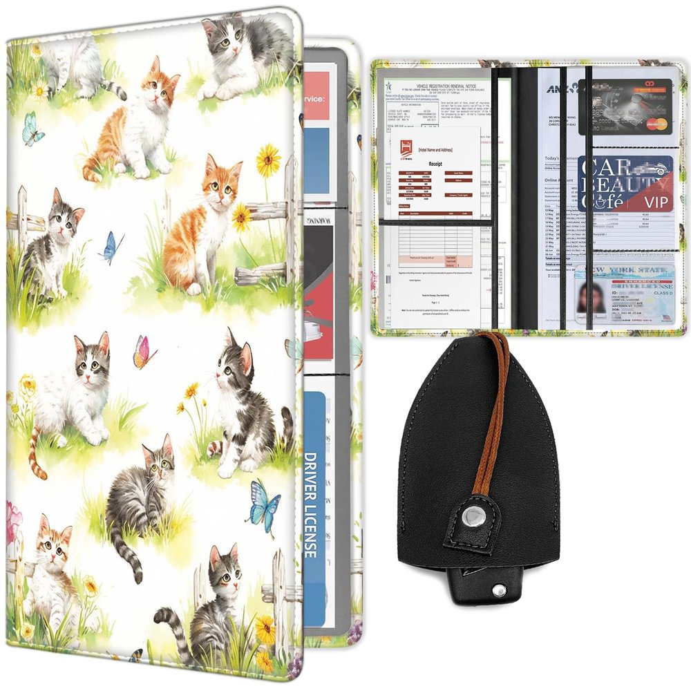 Car Document Holder, Car Registration and Insurance Card Holder with Magnetic Shut, PU Leather Paperwork Case Wallet for Driver License, Auto Vehicle Glove Box Organizer, Watercolor Cats and Flowers