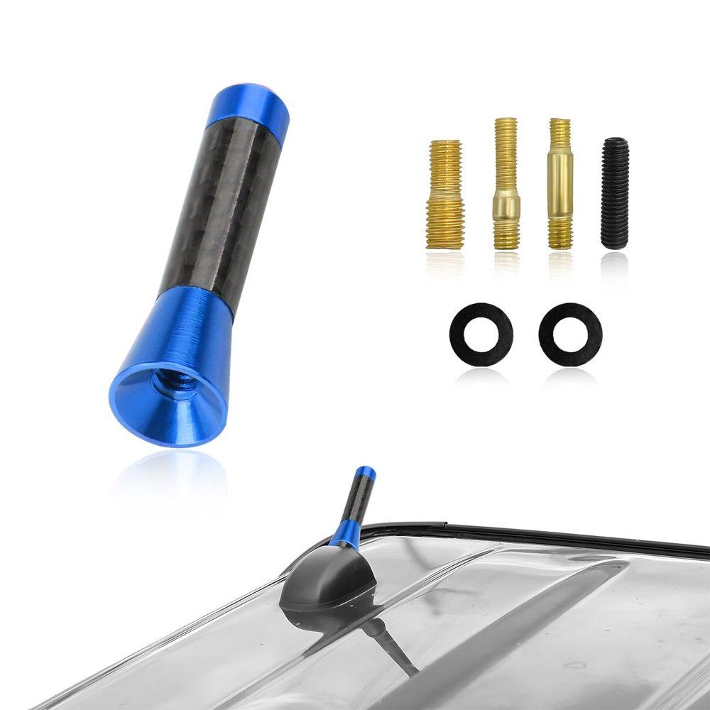 Sun Walker Car Short Antenna, 1.37 Inch Aluminum Alloy Stubby Aerial Antenna with Screws & Gaskets, Mini Carbon Fiber Auto Roof Mounted Aerial Mast for AM FM Stereo Reception (Blue)