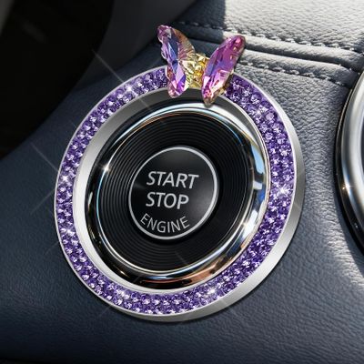 2PCS Bling Car Engine Start Stop Decoration Ring, Automotive Replacement Pushbutton Switches, Crystal Rhinestone Auto Push Start Button Ignition Ring Sticker, Car Decor Accessories for Women Girls