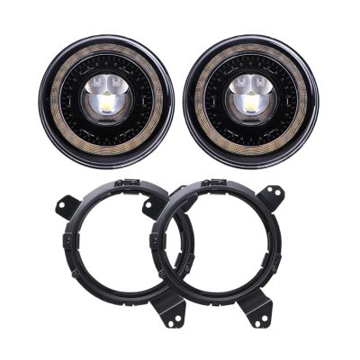 JINLE-FUN 7inch LED Halo Headlights with 9 inch Adjustable Headlight Brackets Adapter Compatible with Jeep Wrangler JL JLU JT 2018 2019