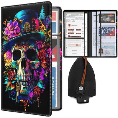 BFRKXOCK Car Registration Holder with Magnetic Shut, PU Leather license Insurance Card Holder for Car, Vehicle Glove Box Organizer for Men&Women, Skull Colored Flowers Auto Paperwork Organizer Wallet