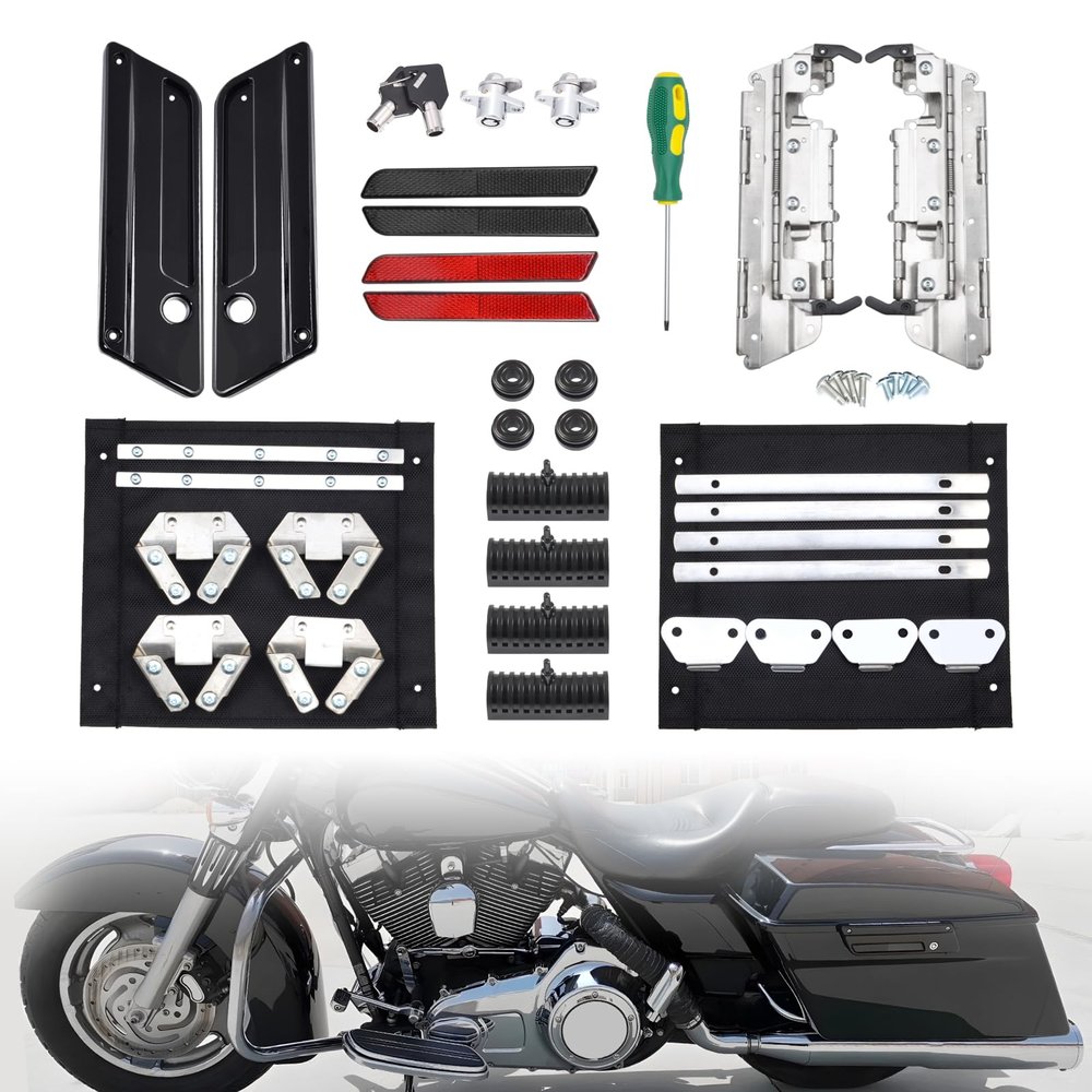 Amazicha Saddlebag Hardware Kit, Hard Bag Latches Covers, Red Reflectors, Rubber Cushion, Locks Set 1993-2013 Compatible for Harley Touring Street Glide Electra Glide Road Glide Road King
