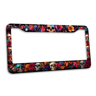 Skull License Plate Frame Bloom Neon Floral Day Dead Halloween Personalise Stainless Steel Metal Car Plates Funny License Plate Frames Decorative for Men Women 6 X 12 Inch with Screws