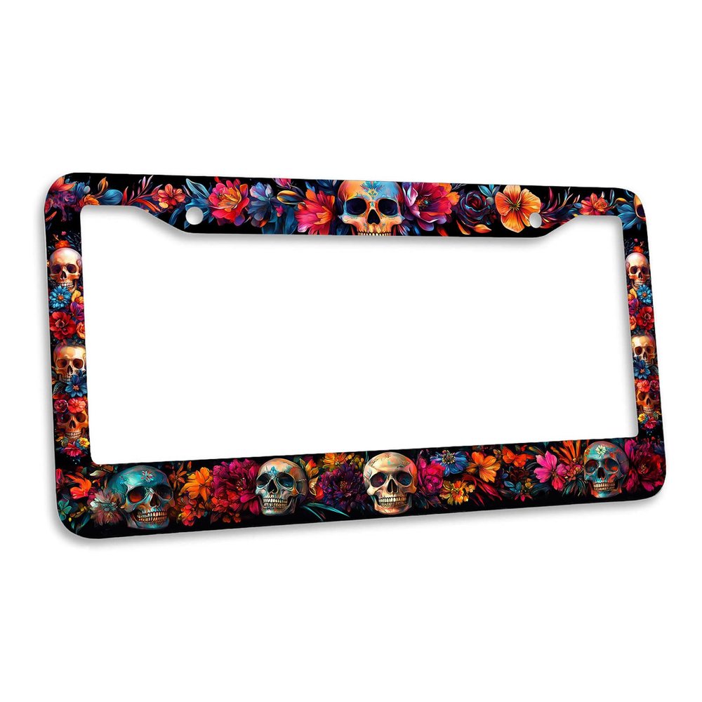Skull License Plate Frame Bloom Neon Floral Day Dead Halloween Personalise Stainless Steel Metal Car Plates Funny License Plate Frames Decorative for Men Women 6 X 12 Inch with Screws