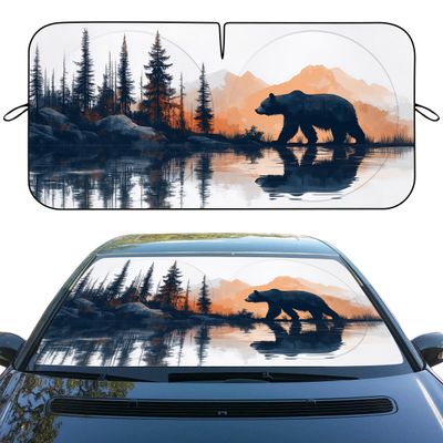 Wild Bear Car Window Sun Shield Mountain Lake Wilderness Sunset Art Front Window Sun Shade Blocks UV Rays Sun Visor Protector for Car Sedan Truck SUV Accessories 59" L x 31.5" W