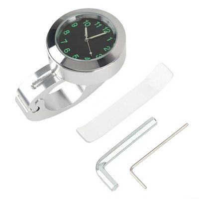 Waterproof and shockproof luminous motorcycle handlebar clock, billet aluminum design, fits most 7/8 to 1 inch handlebars for electric cars (Silver + Tools)