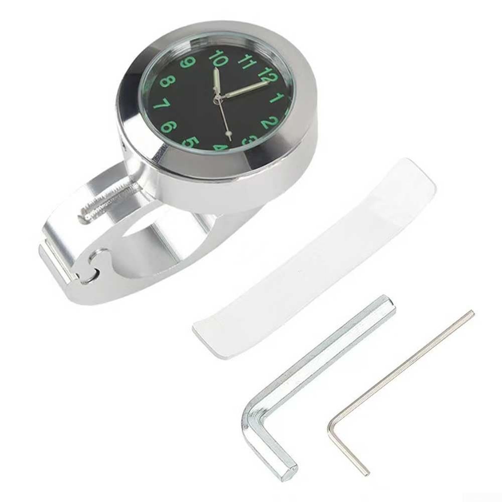 Waterproof and shockproof luminous motorcycle handlebar clock, billet aluminum design, fits most 7/8 to 1 inch handlebars for electric cars (Silver + Tools)