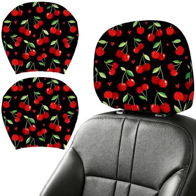 DELORIGIN 2PCS Cherry Love Car Headrest Cover Elastic Car Seat Headrest Protector Universal Washable Auto Head Rest Pillow Cover for SUV Sedan Van Truck Women Men Vehicle Interior Accessories Gift