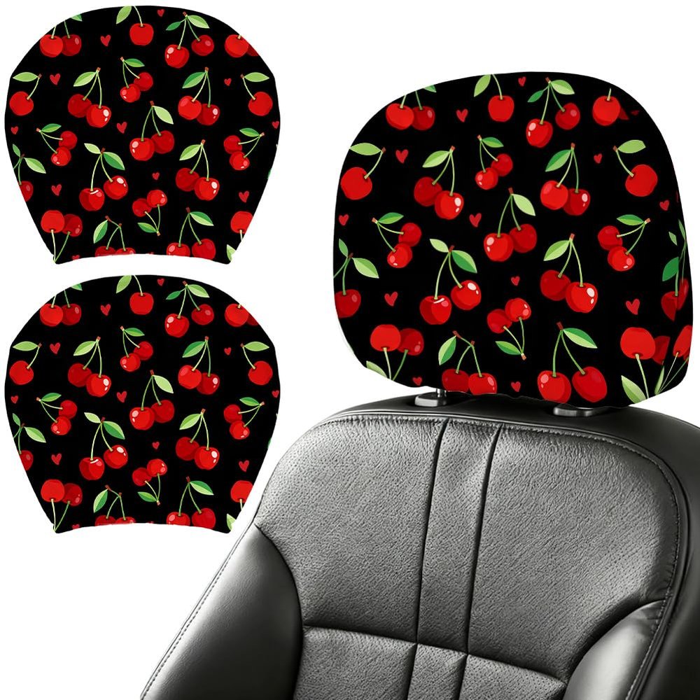 DELORIGIN 2PCS Cherry Love Car Headrest Cover Elastic Car Seat Headrest Protector Universal Washable Auto Head Rest Pillow Cover for SUV Sedan Van Truck Women Men Vehicle Interior Accessories Gift