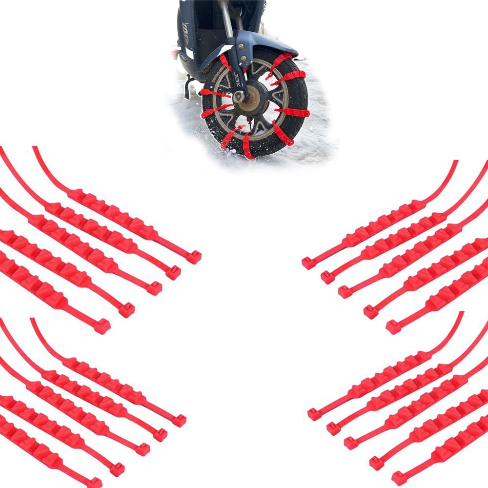Universal Reusable Anti-Slip Tire Chains for All-Weather Protection | Adjustable Straps with Strong Grip on Snow & Ice | Ideal for Motorcycles, Bicycles & ATVs (Red,20Pcs)