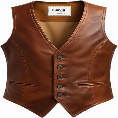 RABCHI Mens Brown Sleeveless V-Neck Leather Waistcoat Vest Premium Real Lambskin, Western Cowboy Motorcycle Casual Style (US, Alpha, 3X-Large, Regular, Regular, rich brown vest)