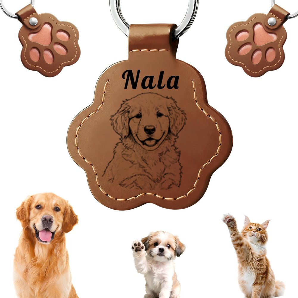 UHOT Custom Pet Memorial Gifts for Dogs Keychain - Personalized Name Paw-Shaped Leather Handmade Keepsake Cat Dog Key Chain (Brown)