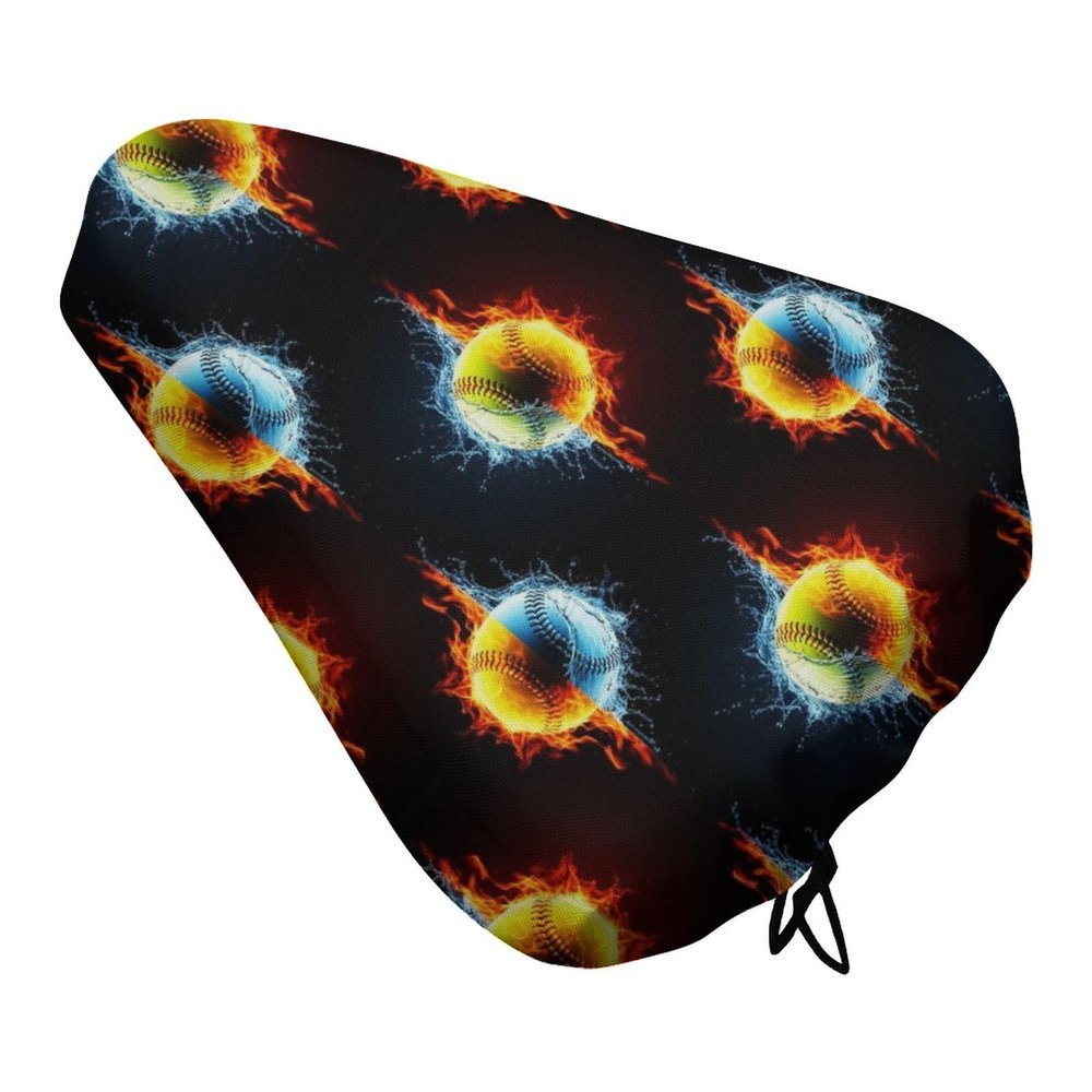 Water and Dust Resistant Bicycle Saddle Cover for Travel and City Bikes Ice Water Fire Flame Softball Baseball, Protective Cushion with Adjustable Drawstring