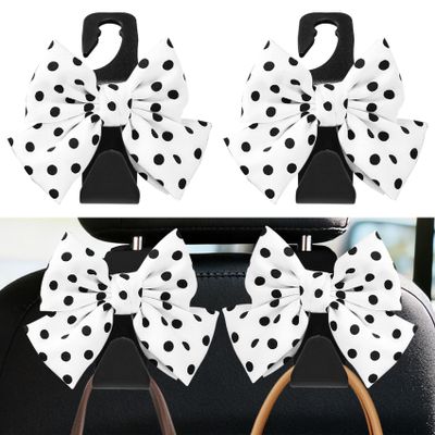 Surosha 2PCS Car Seat Headrest Hooks, Car Bag Hooks, Cute Bow Knot Vehicle Seatback Hanging Storage Organizer, Auto Accessories Automotive Interior Purse Hanger for SUV, Sedan, Truck (White/Polka Dot)