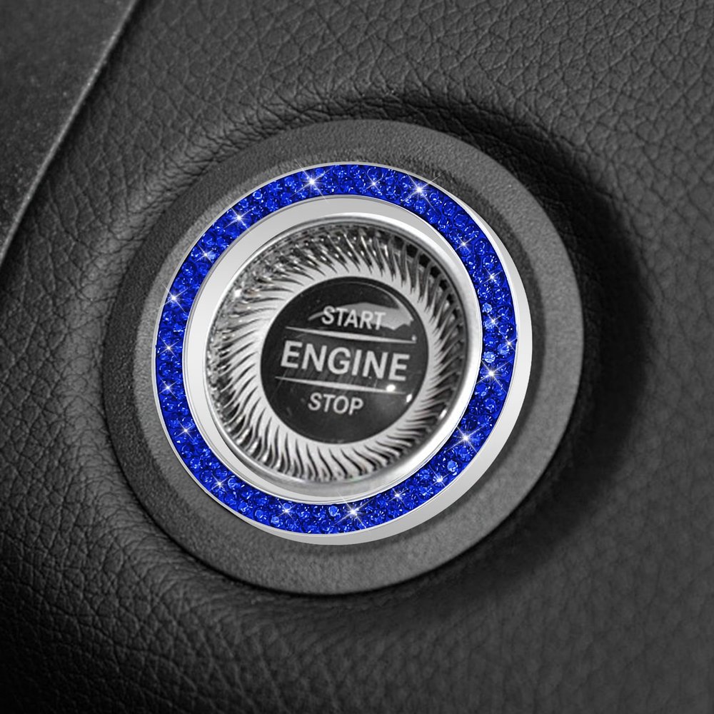 Surosha Car Engine Start Stop Decoration Ring, Car Engine Start Button Cover, Rhinestone Crystal Vehicle Push Button Sticker, Auto Key lgnition & Knob Bling Ring for Women Girls (Bright Blue, 1PCS)