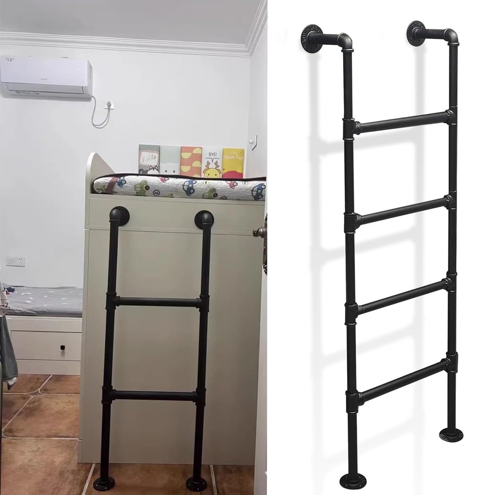 MSHOSAC Wall Mounted Attic Bunk Bed Ladder, Universal Space-Saving Motorhome Step Ladder, Black Metal Steel Round Tube Step Ladders for Loft Climbing Ladders - Customizable Size(180cm/71in