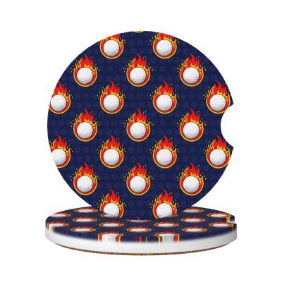 Neukim 2 Pack White Golf Balls Red Flames Blue Car Cup Holder Coasters, 2.56 Inch Anti Slip Ceramic Absorbent Coaster with Cork Base and Finger Notch Car Accessories Interior for Women Men
