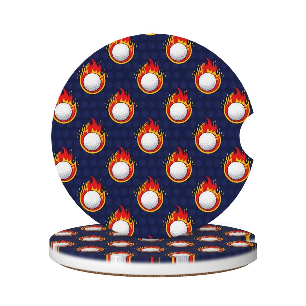Neukim 2 Pack White Golf Balls Red Flames Blue Car Cup Holder Coasters, 2.56 Inch Anti Slip Ceramic Absorbent Coaster with Cork Base and Finger Notch Car Accessories Interior for Women Men