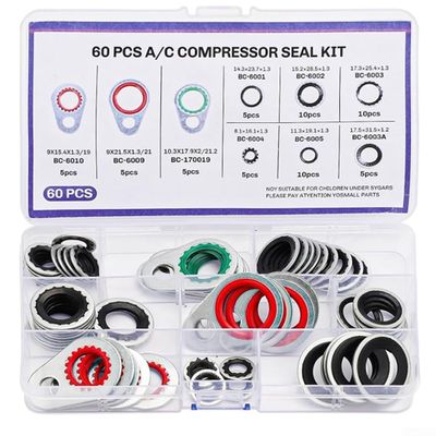 Automotive Rubber Gasket for Compressor Sealing, Essential for Air Conditioning, 9 for Sizes Available (60PCS)