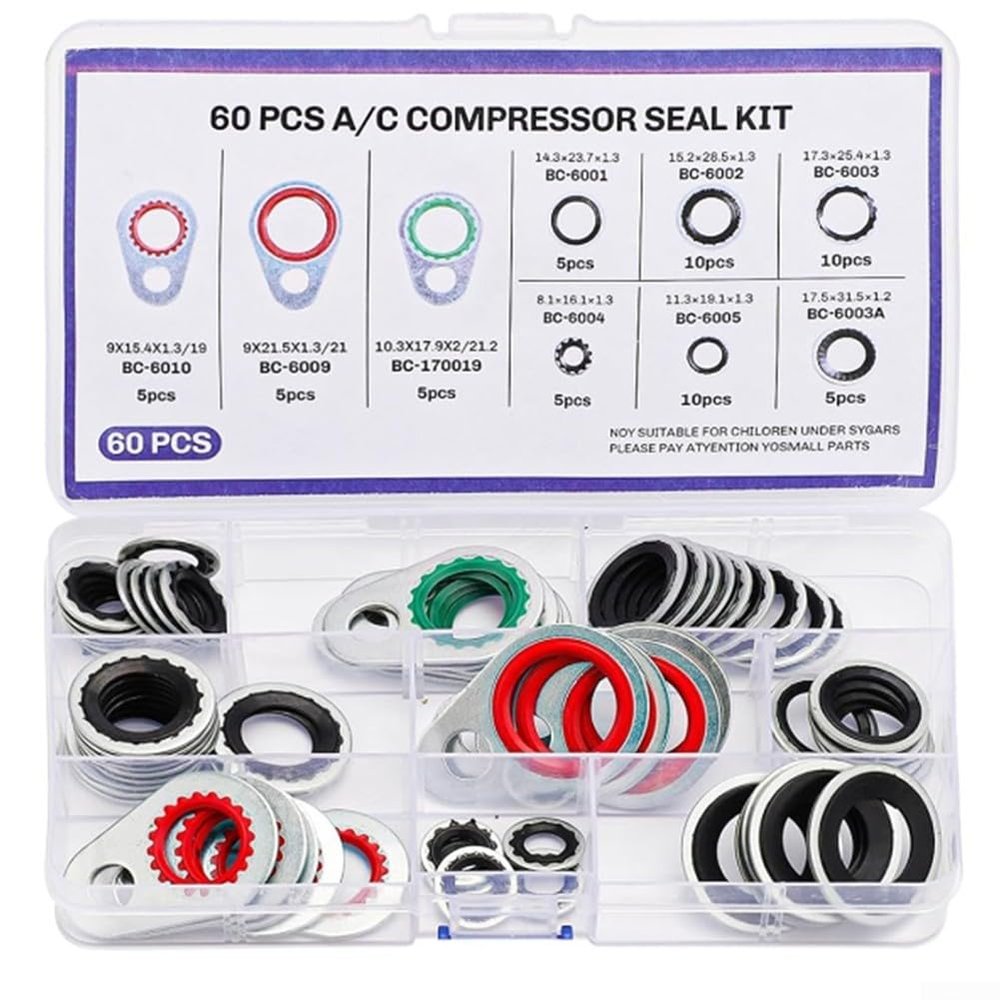 Automotive Rubber Gasket for Compressor Sealing, Essential for Air Conditioning, 9 for Sizes Available (60PCS)