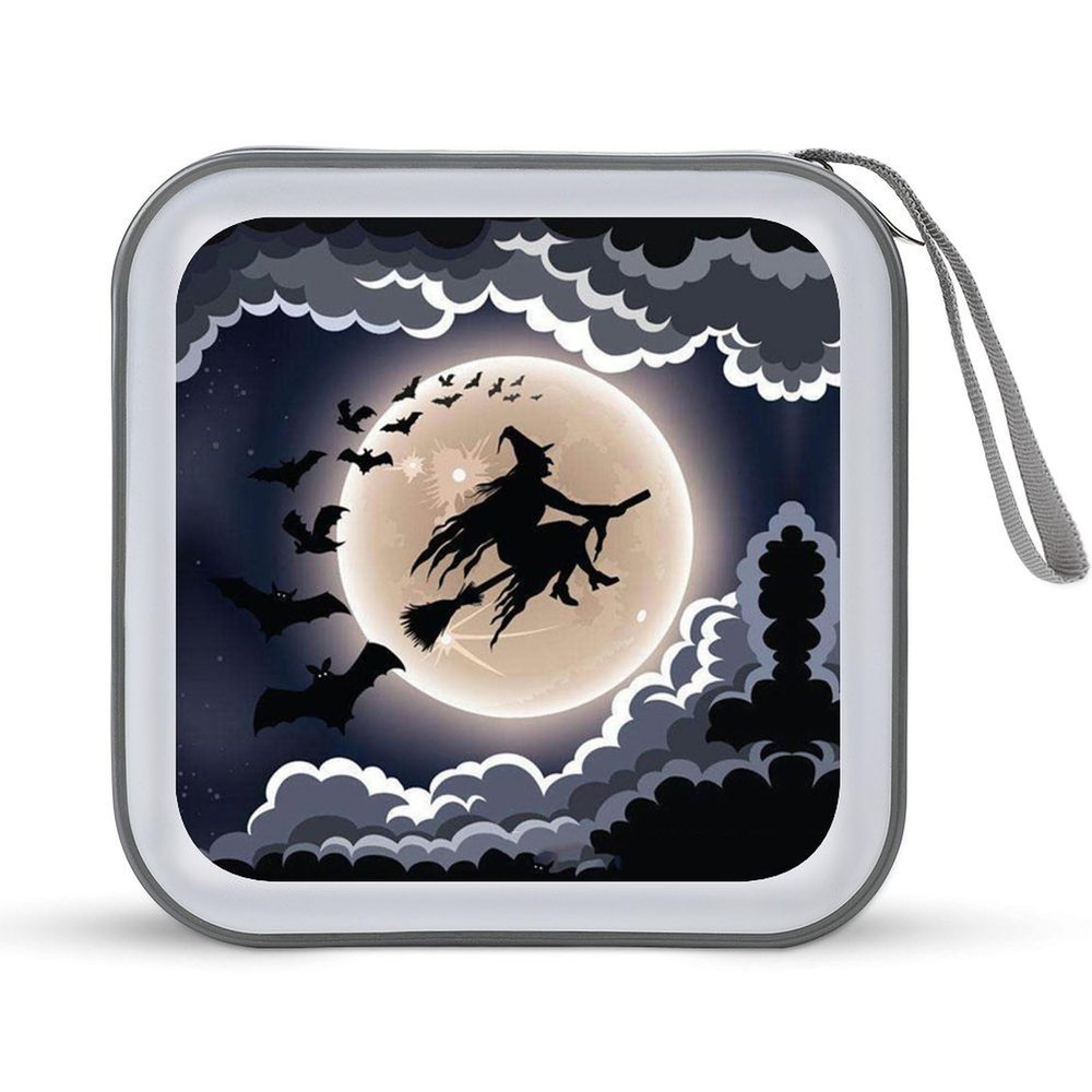 FodPand Halloween Flying Witch CD Case 40 Capacity CD Holder Organizer Portable Zipper DVD Collection Storage Bag Compact Cases Storage Binder Plastic Holder Disc Car Home Travel