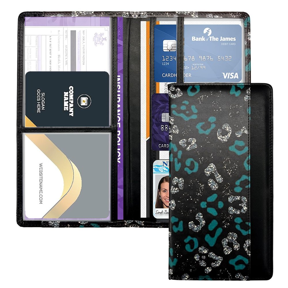 FinestHouse Car Registration and Insurance Holder with Magnetic Closure, Universal Document Organizer for License, Insurance Cards & Glove Box Storage (Leopard-Green and Silver)