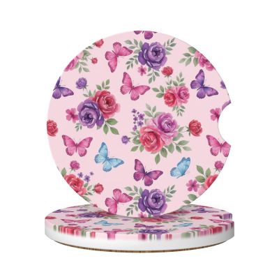Neukim 2 Pack Pink Purple Red Flowers Butterfly Car Cup Holder Coasters, 2.56 Inch Anti Slip Ceramic Absorbent Coaster with Cork Base and Finger Notch Car Accessories Interior for Women Men