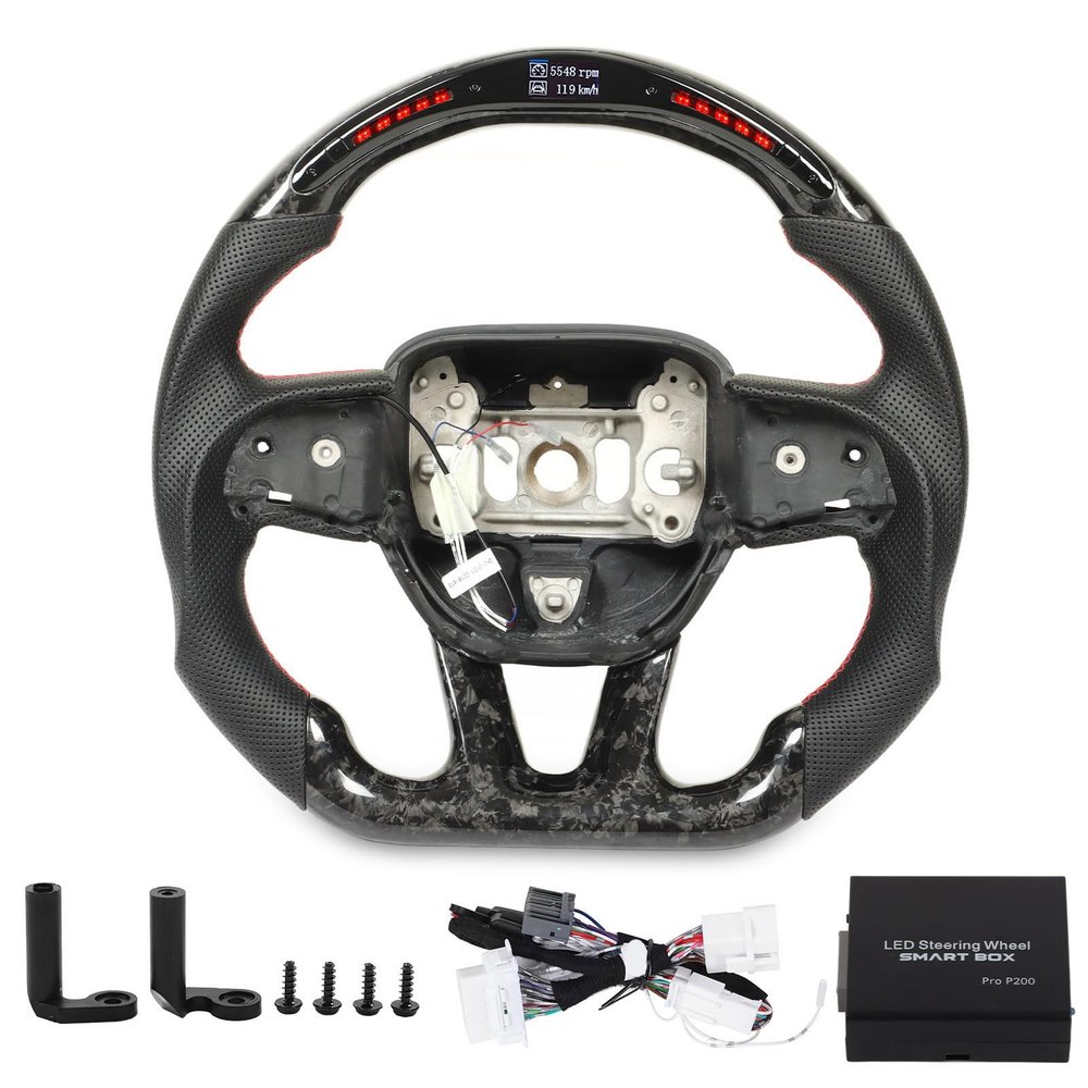 Forged Carbon Fiber LED Shift Light Steering Wheel - D-Type Racing Design for Hellcat (2015-2023) with Real-Time Data Display