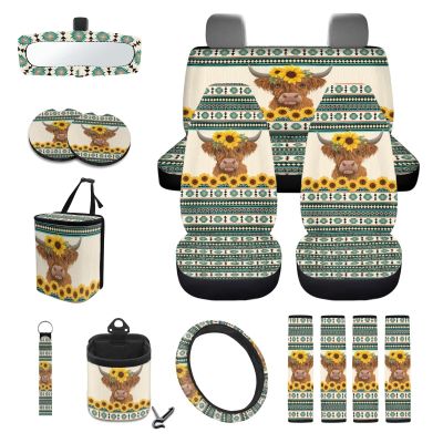 Wanyint Car Seat Cover Set 15 PCS, with Steering Wheel Seat Belt Strap Rear View Mirror Cover Trash Can Cup Coaster Keychain Air Vent Storage Bag Universal Fit, Aztec Highland Cow Sunflower Blue