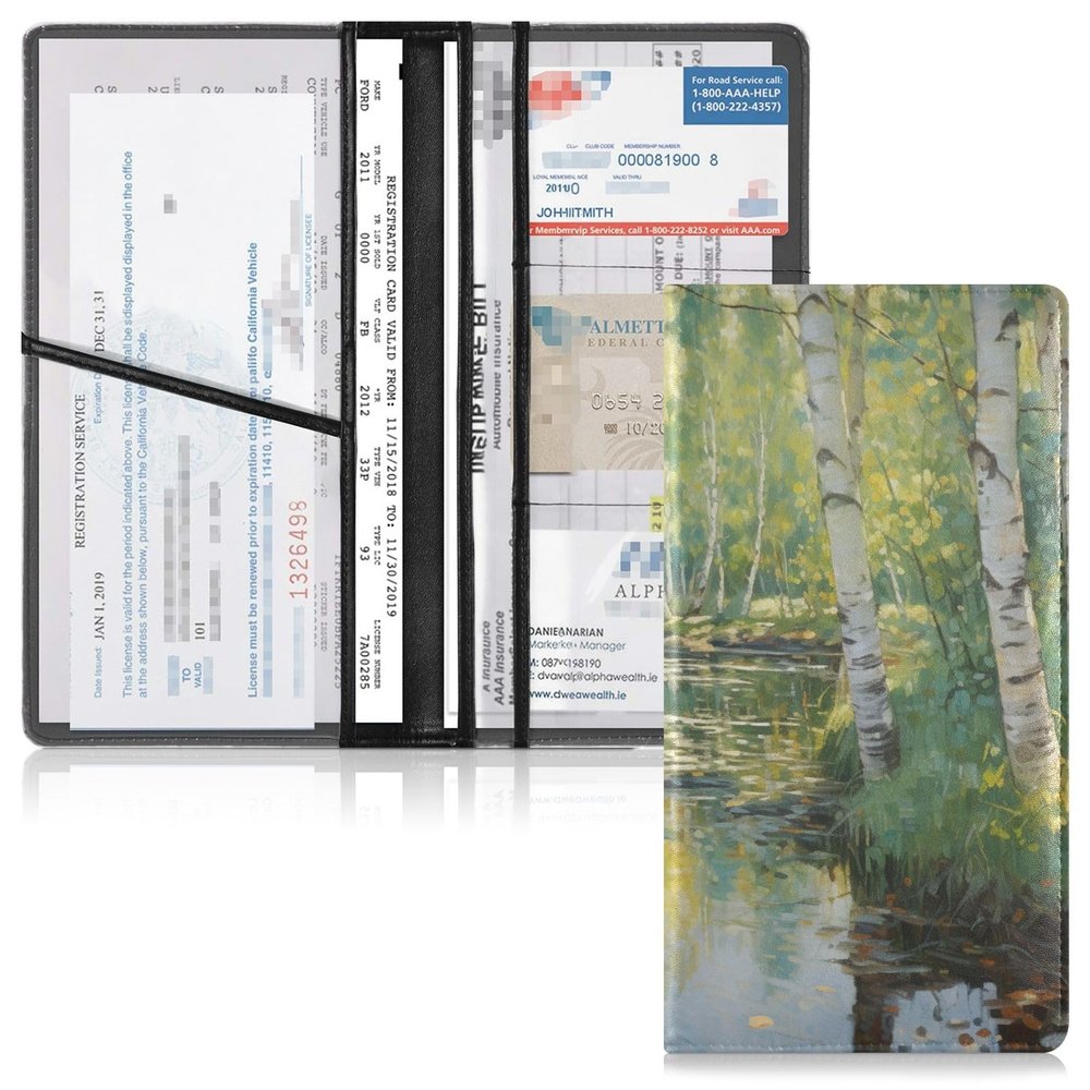Bolaz Forest Painting Car Registration and Insurance Holder Leather Vehicle Document Glove Box Organizer for License Cards Accessories