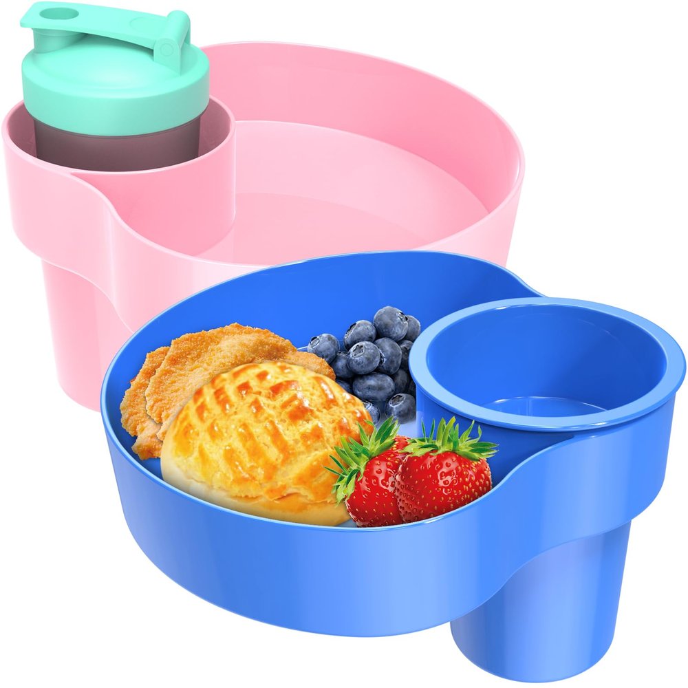 FIDOPOKK Car Seat Cup Holder for Kids 2PCS Kids Travel Tray with Snack Tray, CarSeats Snack Trays for Toddler, Car Cup Holder for Safety Seats, Fits Stroller & Booster (bluepink)